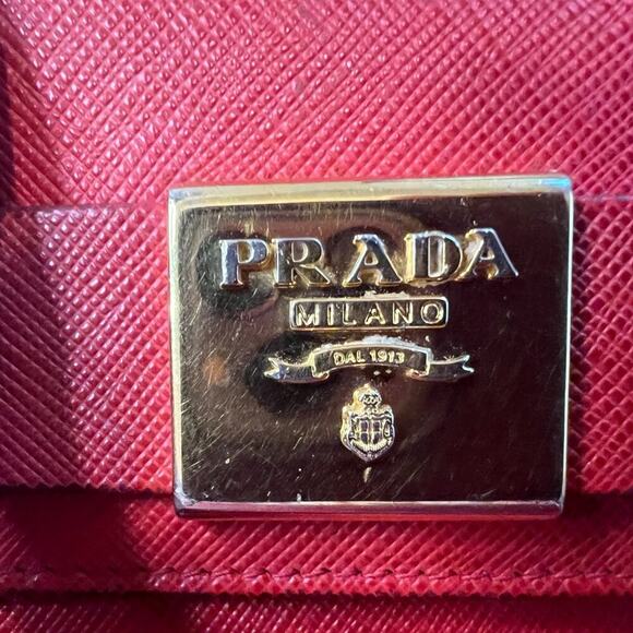 Authentic PRADA Saffiano Lux Leather Tri-Fold Wallet Red with Bow - Picture 10 of 11
